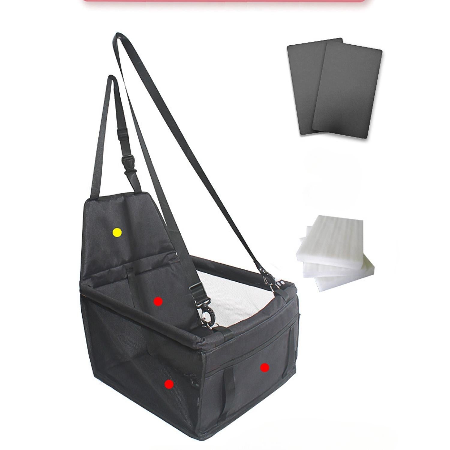 Zwarte autostoel voor honden met kleurrijke markeringen en accessoires op de achtergrond